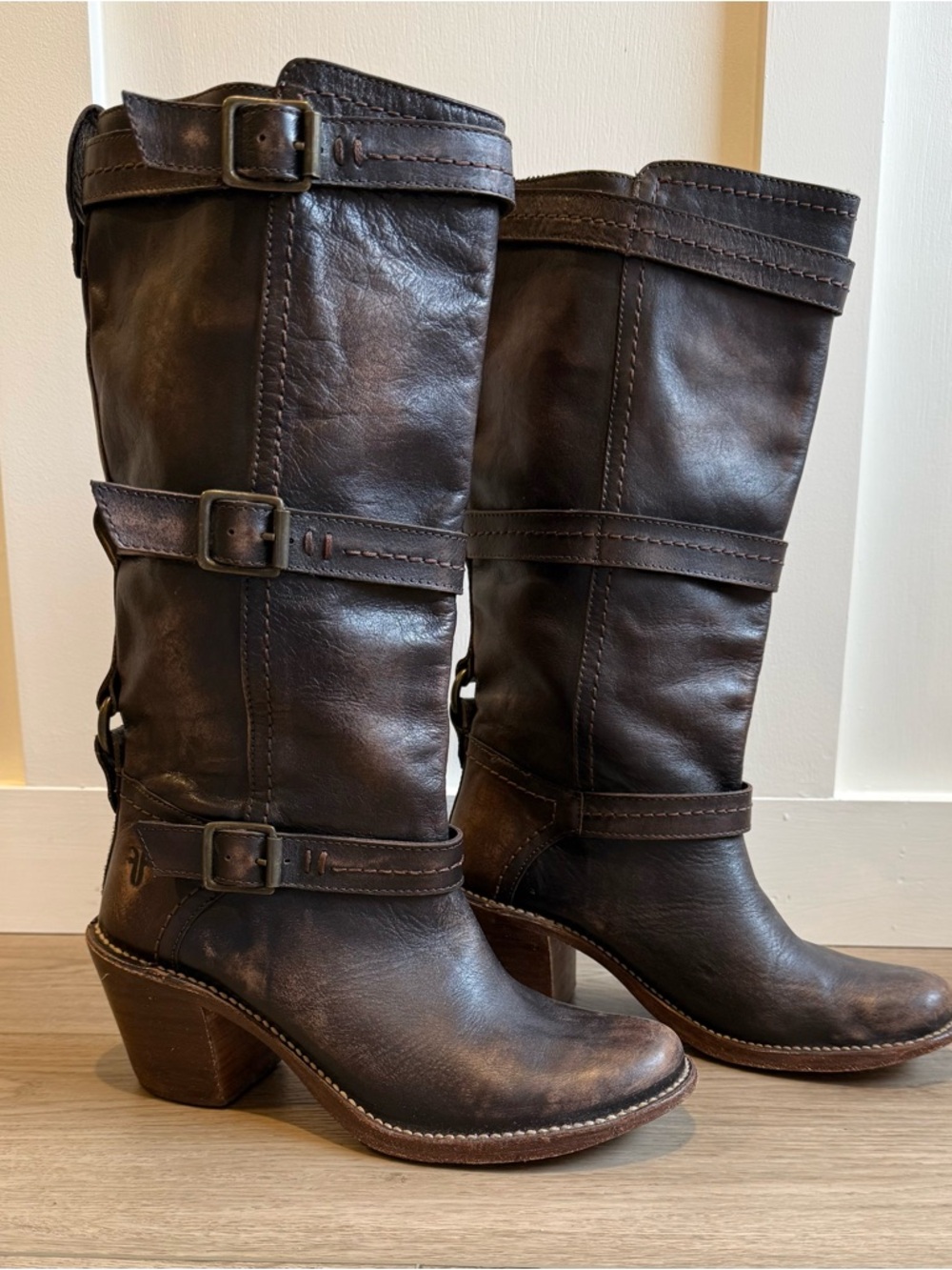 Women's Brown Leather Mid-Calf Buckle Boots
